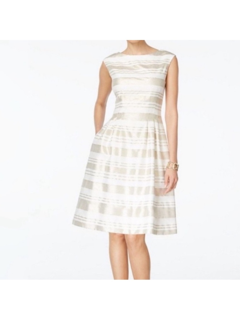 Vince Camuto Striped Fit-and-Flare Dress in Ivory and Gold